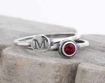 Stack Rings with Initials and Birthstones. Stackable Birthstone Ring, Great Set of Rings for Mothers or Grandmothers. Set of 2 Stack Rings
