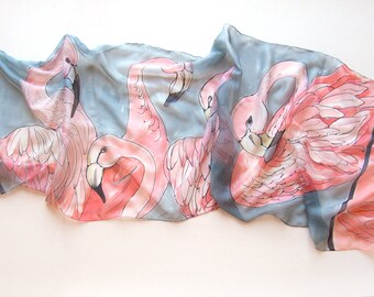 Lightweight scarf-Flamingos Dance/ Hand painted silk chiffon scarf. Neon pink and gray scarf/ Bright summer scarves/ Birthday gift women/