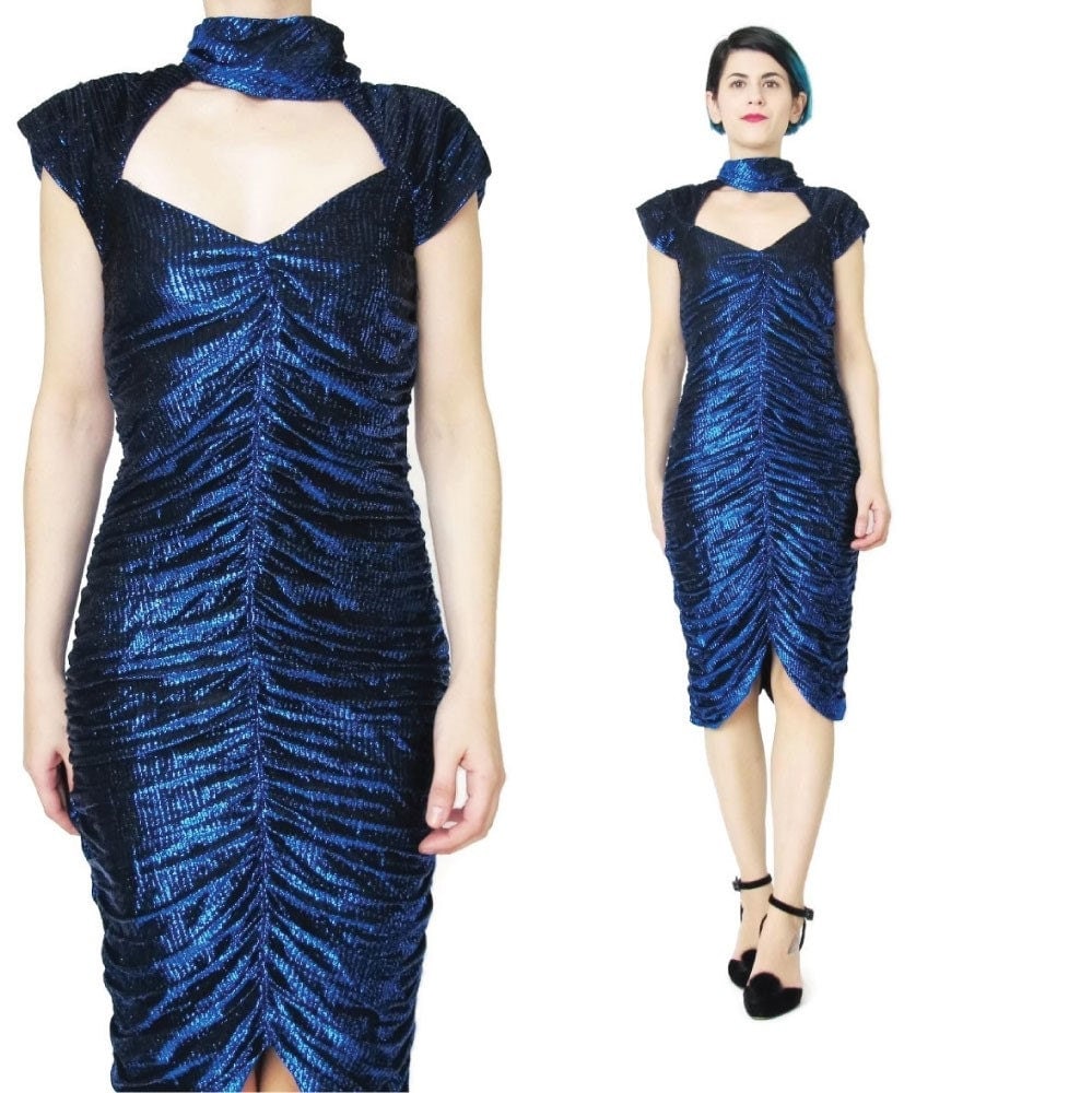 70s 80s Cut Out Neck Bodycon Dress Sparkly Metallic Dress