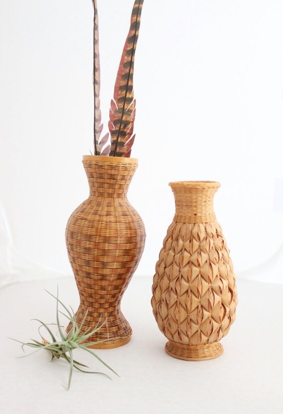 Set of Two Vintage Wicker Vases by bumbleebuck on Etsy
