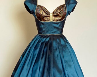 Teal Blue Taffeta & Vintage Brocade Bustier Prom Dress - made by Dig For Victory