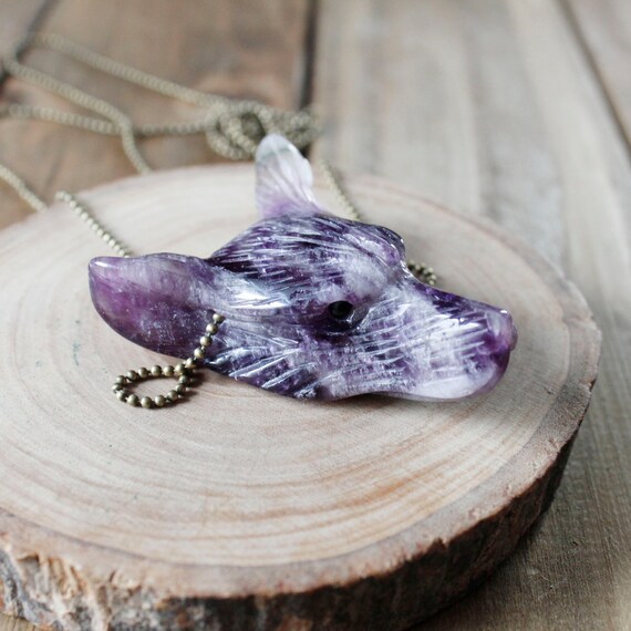 Amethyst Carved Wolf Gemstone Pendant Necklace/ by EwelinaPas