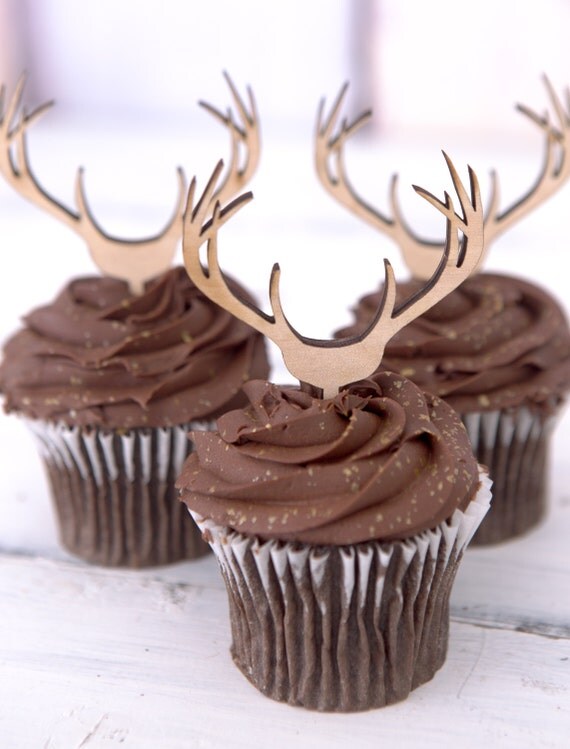 Cupcake Toppers Wooden Antlers Hunting or Boho Style Rustic