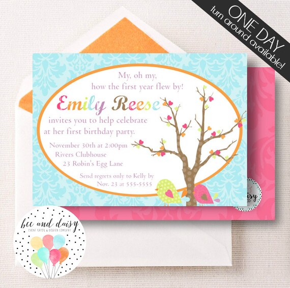 Bird Birthday Invitation, Bird Invitation, Bird Party, Girl First Birthday, Girl Birthday, Bird Invite, Bird Baby Shower, BeeAndDaisy Il_570xn