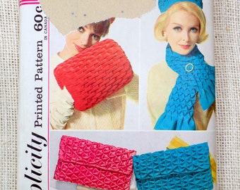 Vintage 1960s Pattern Simplicity 4711 hat smocked pillbox clutch Muff pattern ladies Uncut purse handbag scarf