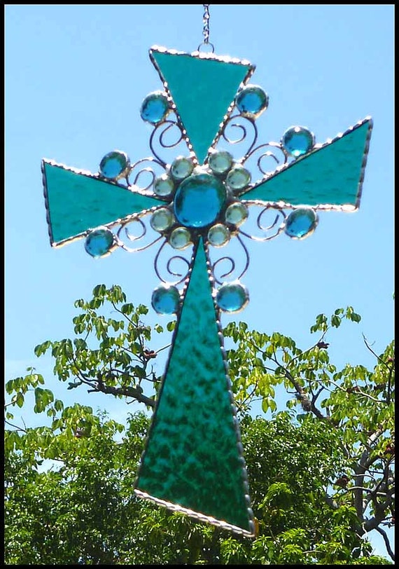 Cross Stained Glass Suncatcher Turquoise Glass Cross Sun