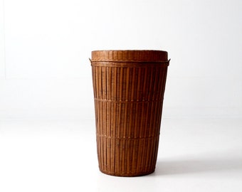 vintage hamper basket, woven reed tall basket with lid