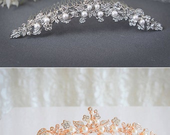TIMOTHEA, Vintage Style Wedding Tiara, SWAROVSKI Crystal Rhinestone and Pearl Bridal Crown, White or Ivory Wedding Bridal Hair Accessory