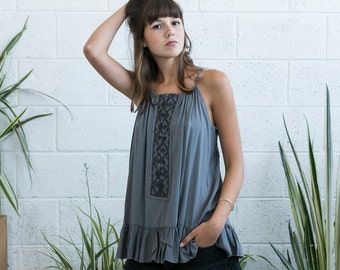 Grey ruffle tank top, peplum top, embroidered tank top