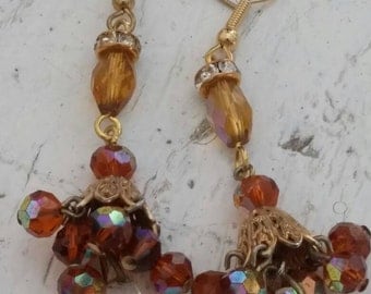 DANGLING AMBER CRYSTALS vintage assemblage earrings