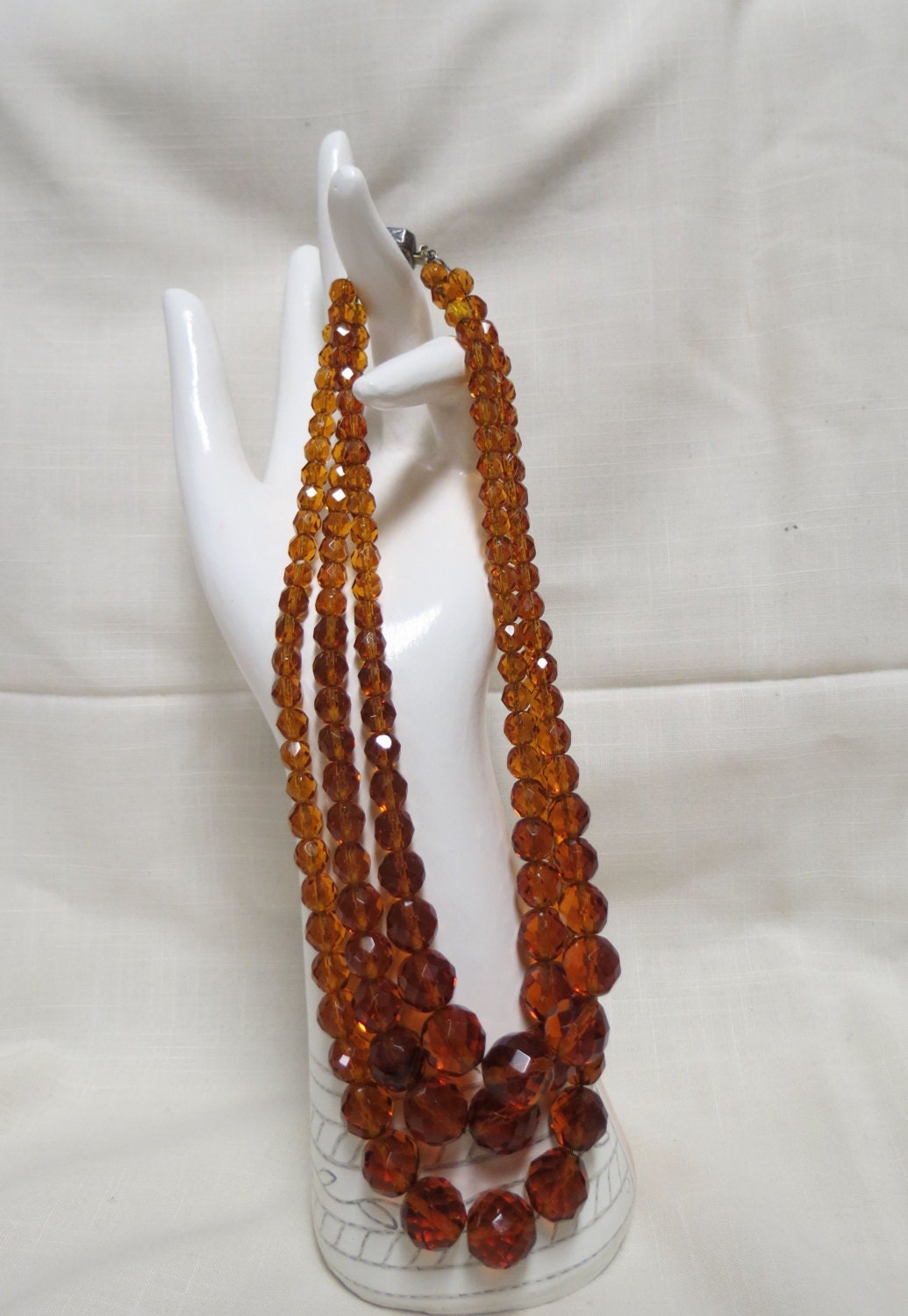 Vintage Amber Glass Beads Necklace Faceted Beads Sterling