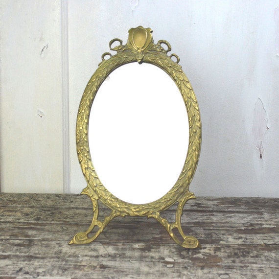Antique Vanity Mirror Brass Swivel Oval Art Nouveau by fancypak