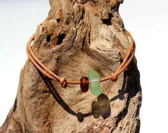 Hawaiian Aqua Beach Glass and Brown Beach Glass Tiny on India Leather Cord Completely Adjustable & Stackable Bracelet
