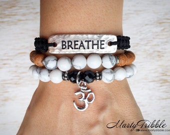 Breathe Bracelet Stack, Mala Beads, Howlite Onyx Om Bracelet Set, Black White Ohm Bracelet, Yoga Jewelry, Mala Bead Bracelet, Mala Bracelet