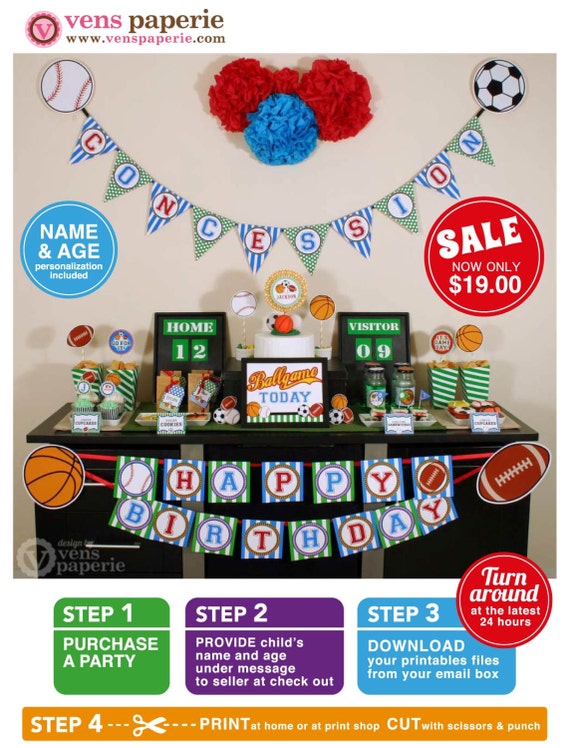 Sport Birthday Party Package Personalized FULL Collection Set - PRINTABLE DIY - PS821CA1x Il_570xn