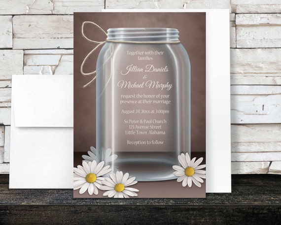 Vintage Daisy Mason Jar Wedding Invitations and RSVP - Country Rustic Mason Jar Brown - Printed Invitations Il_570xn