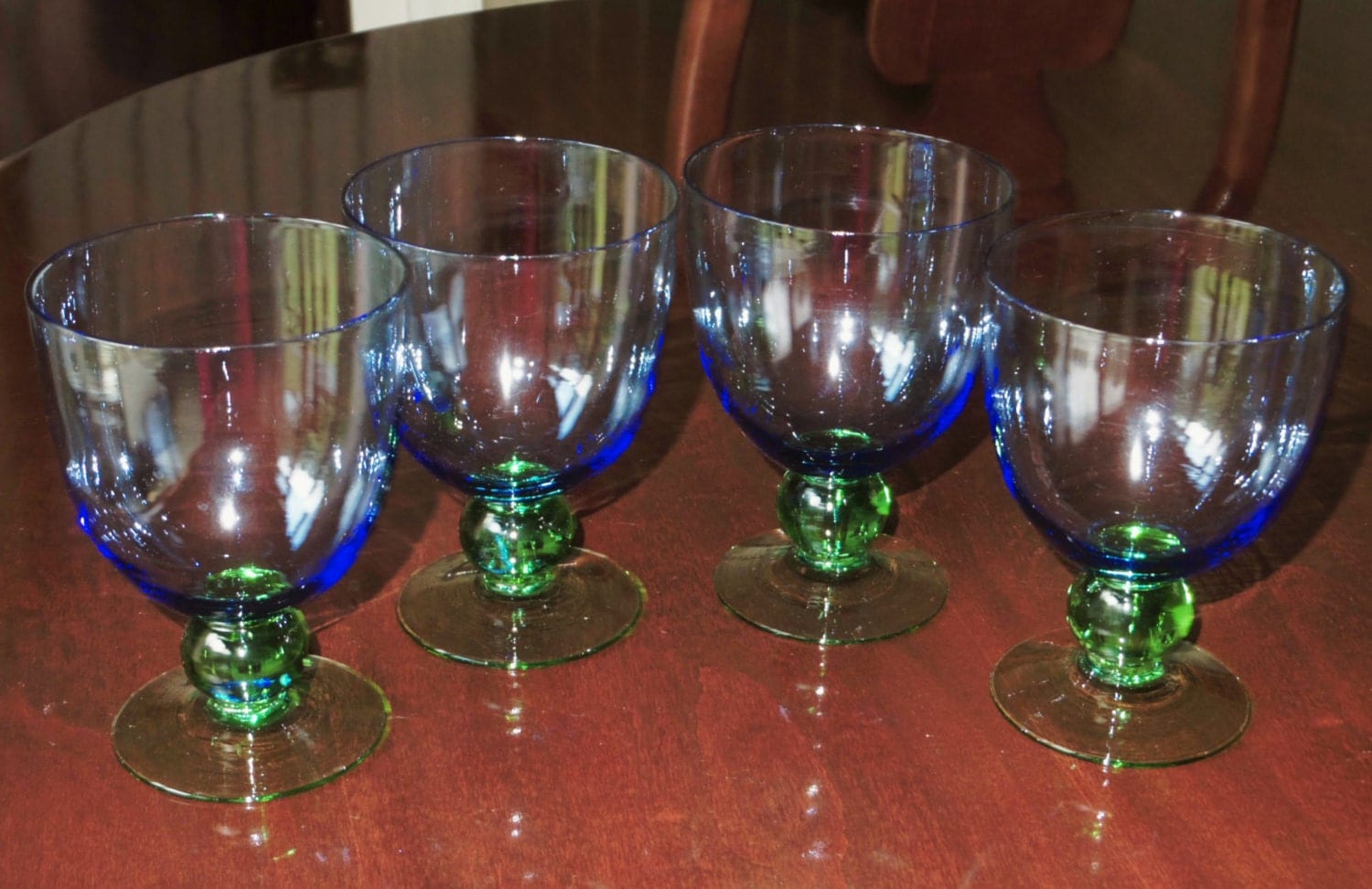 4 BLUE GOBLETS GREEN Ball Stem Foot Goblets Water Beverage
