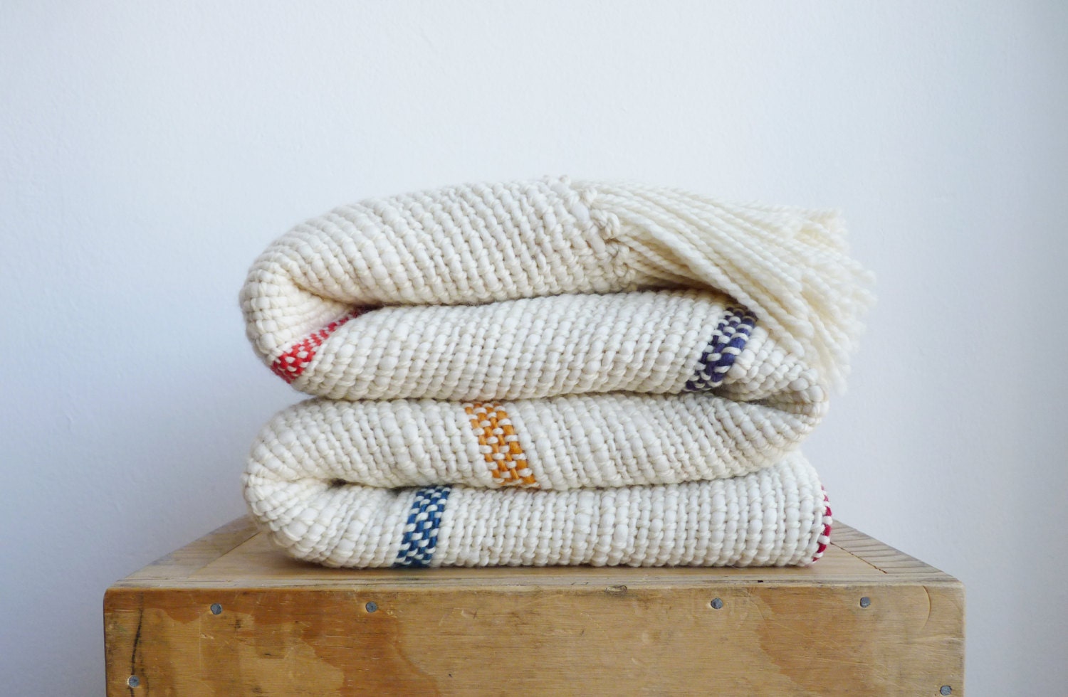 Throw blanket multicolor stripes cozy wrap merino wool