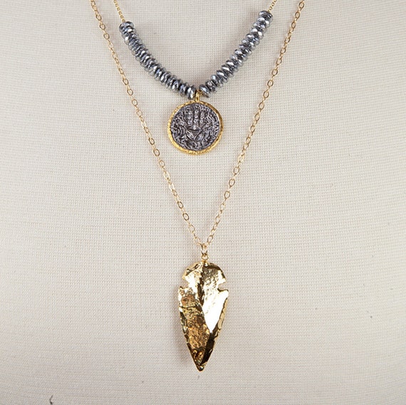 Items similar to Hamsa Necklace, Hematite Necklace, Long Gold Necklace ...