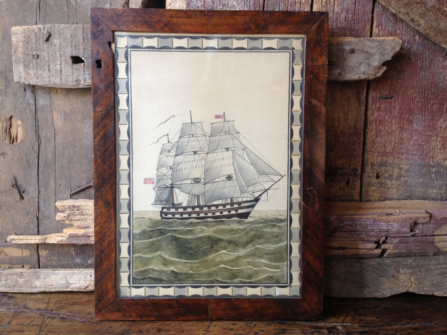 Folk Art Nautical Watercolor Painting Signed Artwork Original