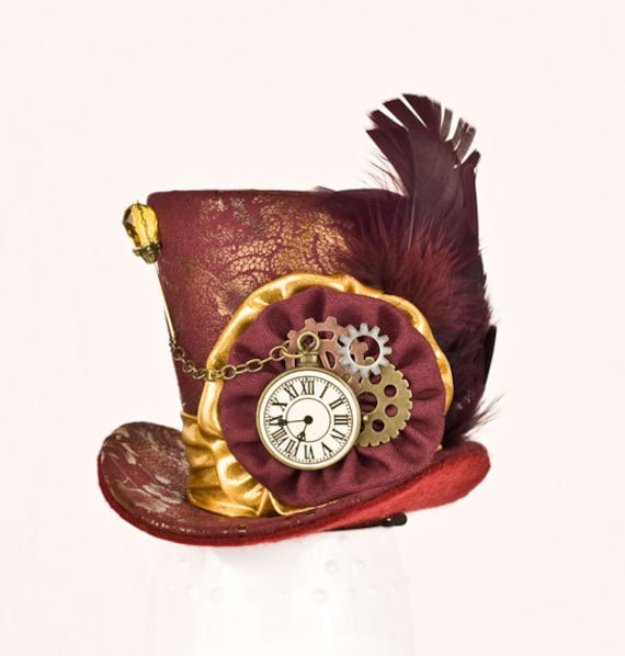 Maroon Mini Top Hat, Mad Hatter, Burlesque hat,Steampunk mini top hat,Victorian,Show Girl, Bachelorette, Cosplay, cake topper,Fascinator hat by MiniTopHatBoutique steampunk buy now online