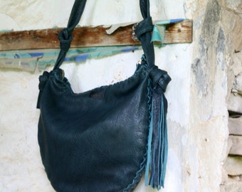 Blue Leather Hobo Bag - Every day Shopping Bag - Handmade - Shoulder Bag - Handlaced bag