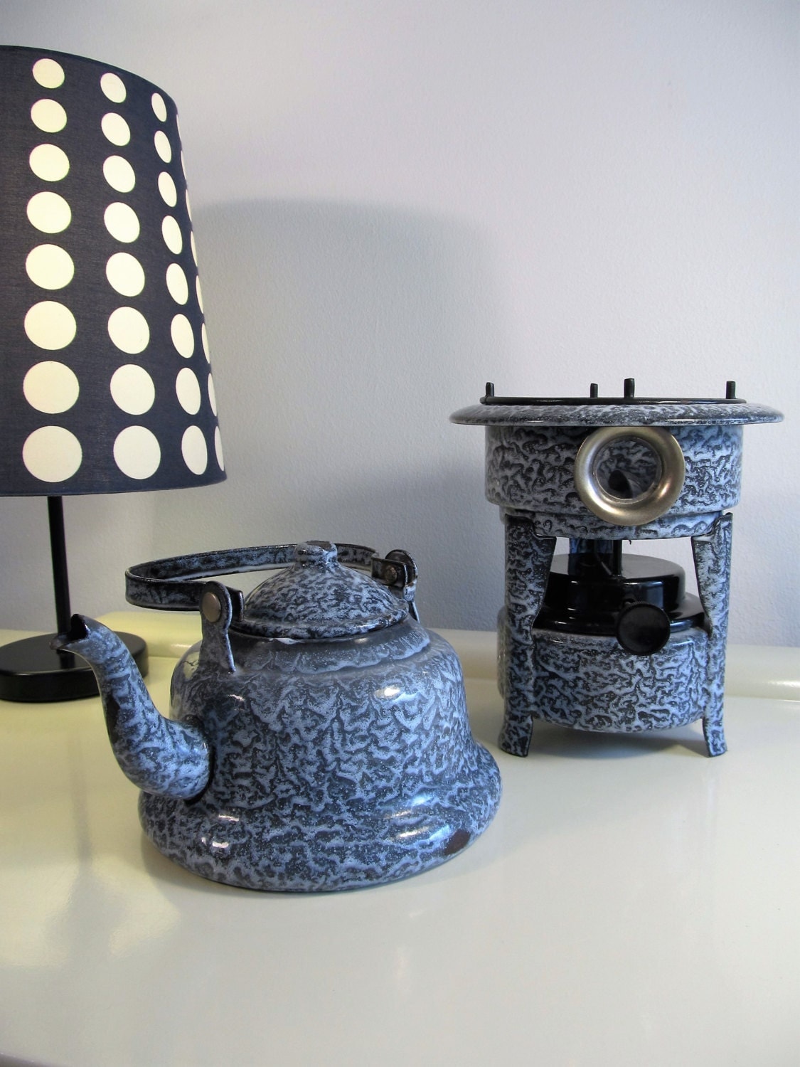 Antique Teapot and Stove Cast Iron Dutch Enamelware