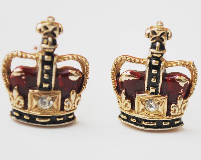 Swank Crown Cuff links - Red clear Rhinestone - Gold - Heraldic -Cufflinks