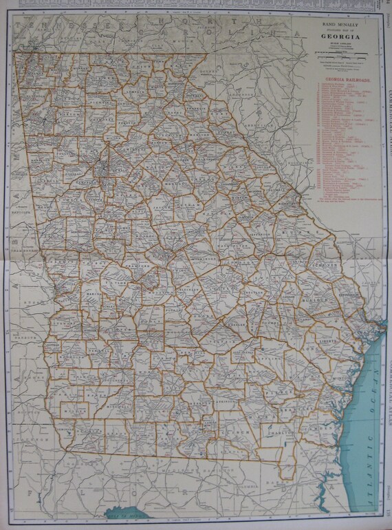 1930 Uncommon GEORGIA Map of Georgia State Map w Railroads