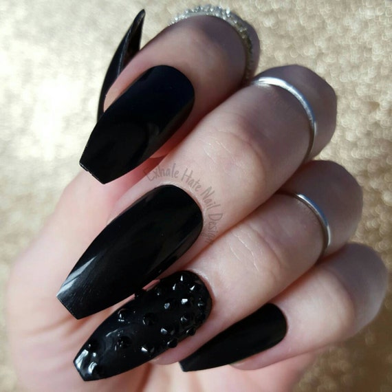 Black Swarovski Gradient Matte/Glossy Fake Press On Nails