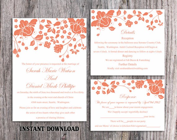 DIY Wedding Invitation Template Set Editable Word File Instant Download Printable Orange Invitation Elegant Flower Wedding Invitation