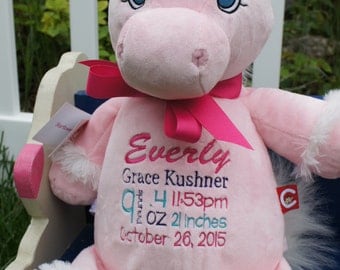 Personalized Baby Gift, "Baby Cubbies" Unicorn, Birth announcement stuffed animal keepsake with machine embroidery