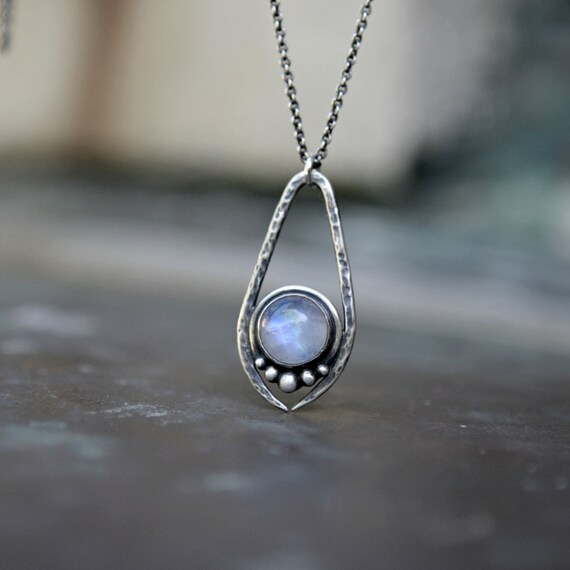 Rainbow Moonstone Necklace Oxidized Sterling Silver