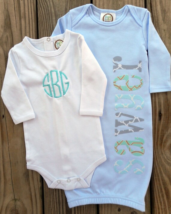 Monogrammed Baby Boy Onesie & Gown Personalized by TheGiftingSpot
