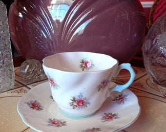 Vintage Rosina Fine Bone China England Tea Cup, Pink Roses Baby Blue Tea Cup and Saucer, Fine Bone China Tea Cup Rosina