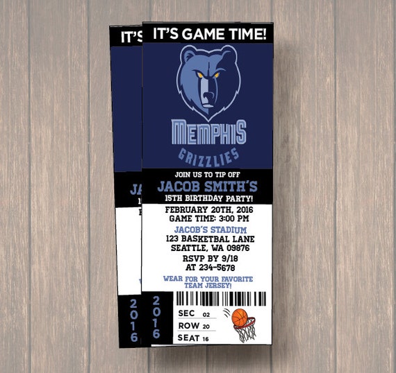 12 PER PACK Birthday Party Invitations, Memphis Grizzlies Birthday