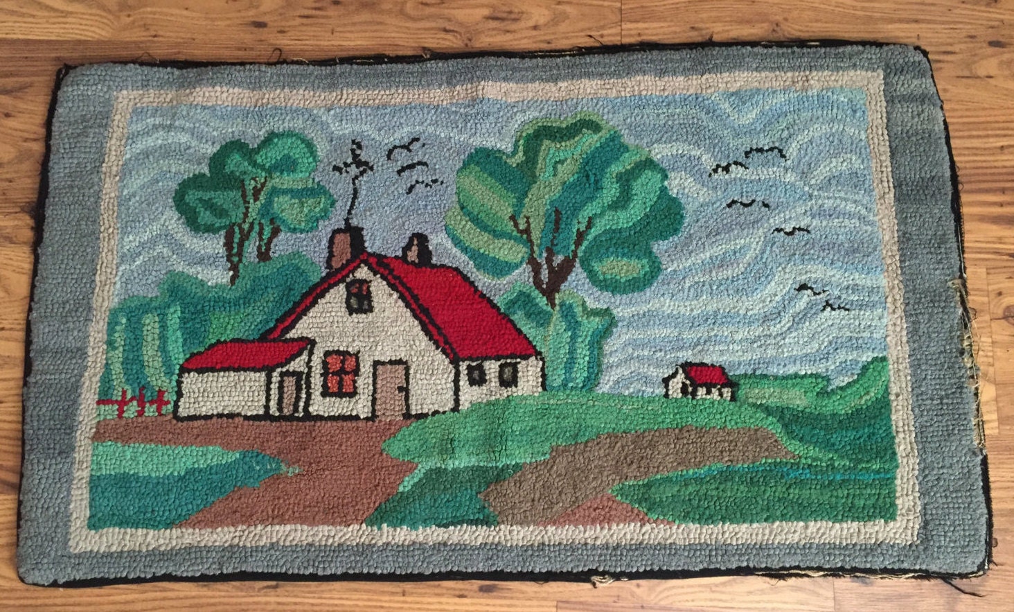 Hand Hooked Rug Antique Handmade Wool Rustic Cottage 25 x