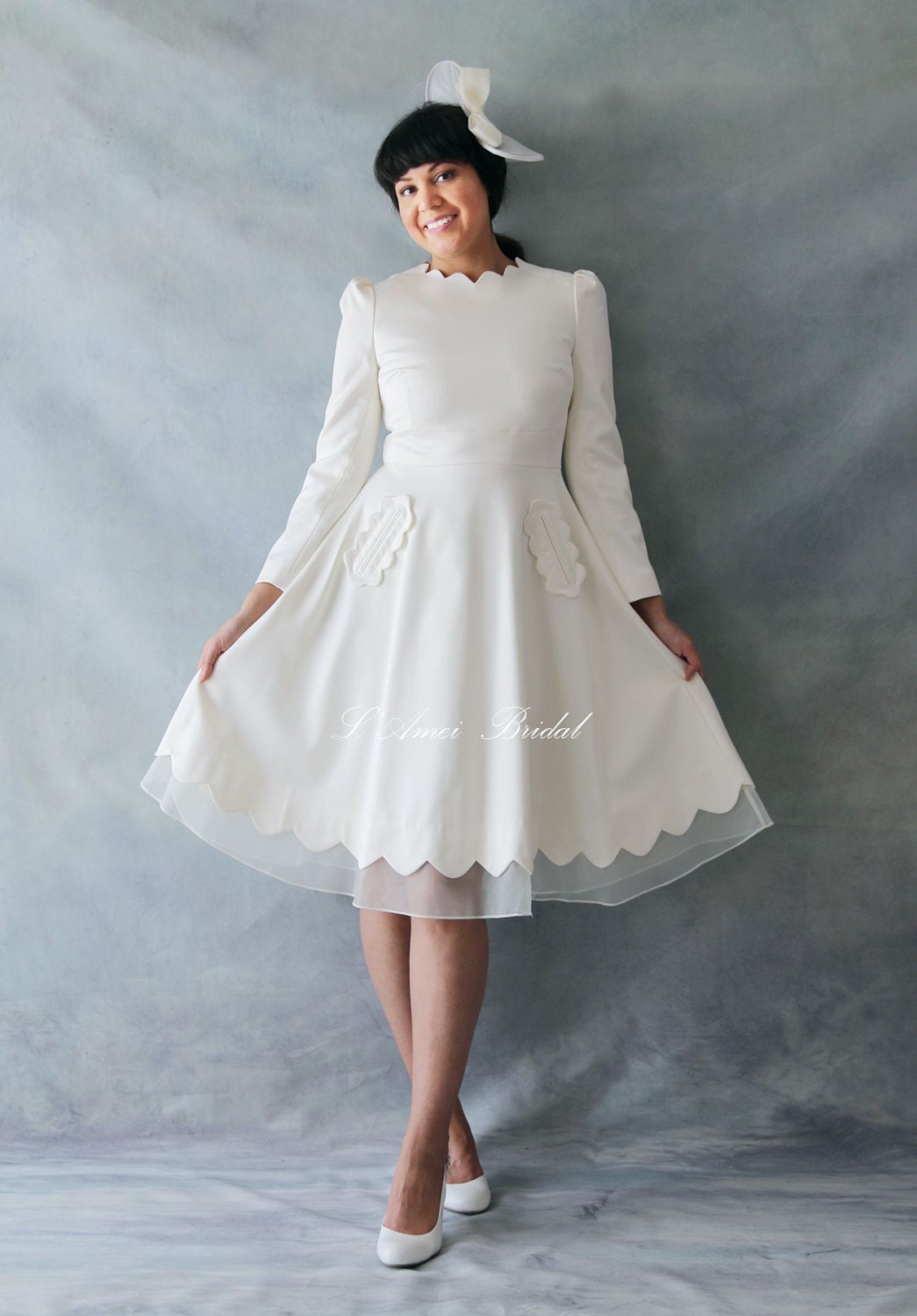 Modest Retro 50s Knee Length Wedding Dress with Long Sleeves