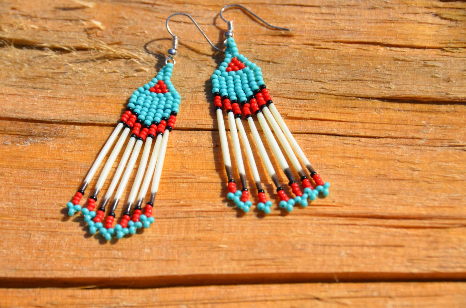 Porcupine Quill Seed Bead Earrings Long Dangling Beaded