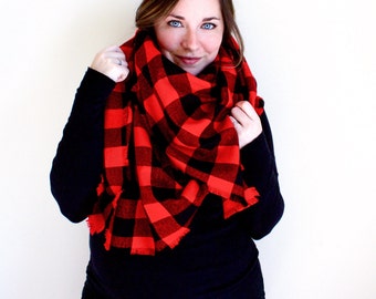 Plaid Blanket Scarf | Lumberjack Buffalo Check Oversized Fringe Wrap | Frayed Edge Square Shawl | Red, Black Print Scarf | BUFFALO CHECK