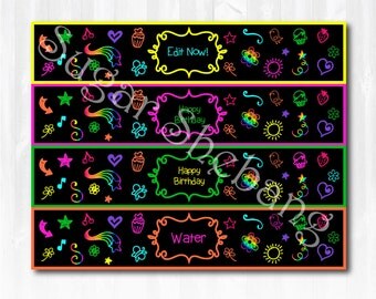 Glow Party Water Bottle Labels - Instantly Downloadable and Editable File - Personalize at home with Adobe Reader! Glow Party Supplies