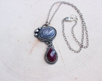 Fordite and Ruby Zoisite Pendant Necklace Silver JMK