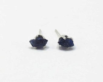 Sapphire Earrings - Dark Blue Sapphire - Raw Sapphire Earring - Rough Sapphire Stud - September Birthstone - Natural Rough Stone Earrings