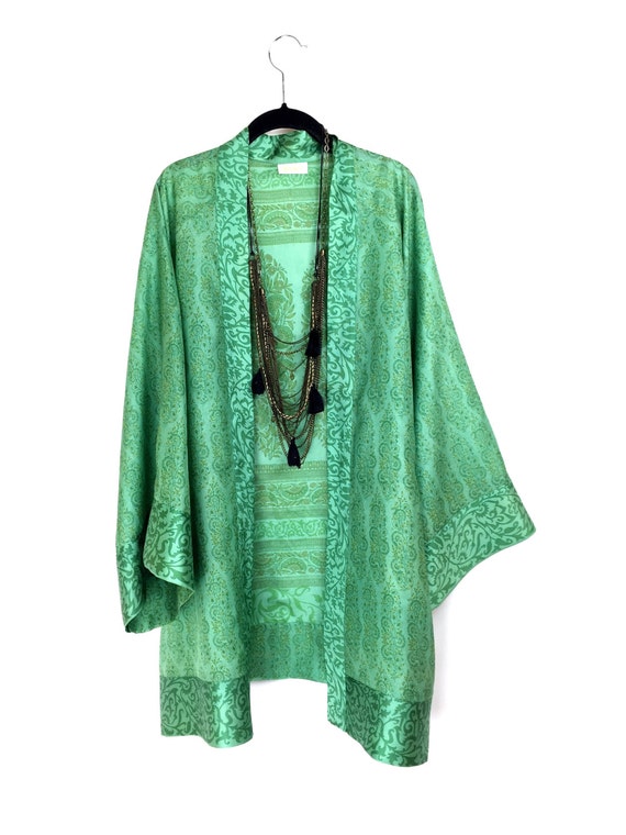 Silk Kimono jacket oversized style in light green with an