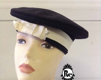 Vintage Women's Hats 1960's Navy Blue Sailor Hat Cap Tam with White Grosgrain Ribbon Band No. 69
