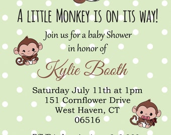 Monkey Themed Baby Shower Invitation 4x6 Printable DIY