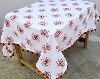 Christmas table cloth, red and white color, snowflake print, 100% cotton, pompom lace, sizes available