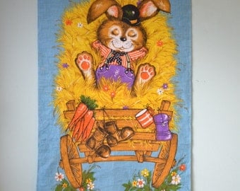 Vintage artwork retro Wall hanging farmer rabbit Expression fabric print
