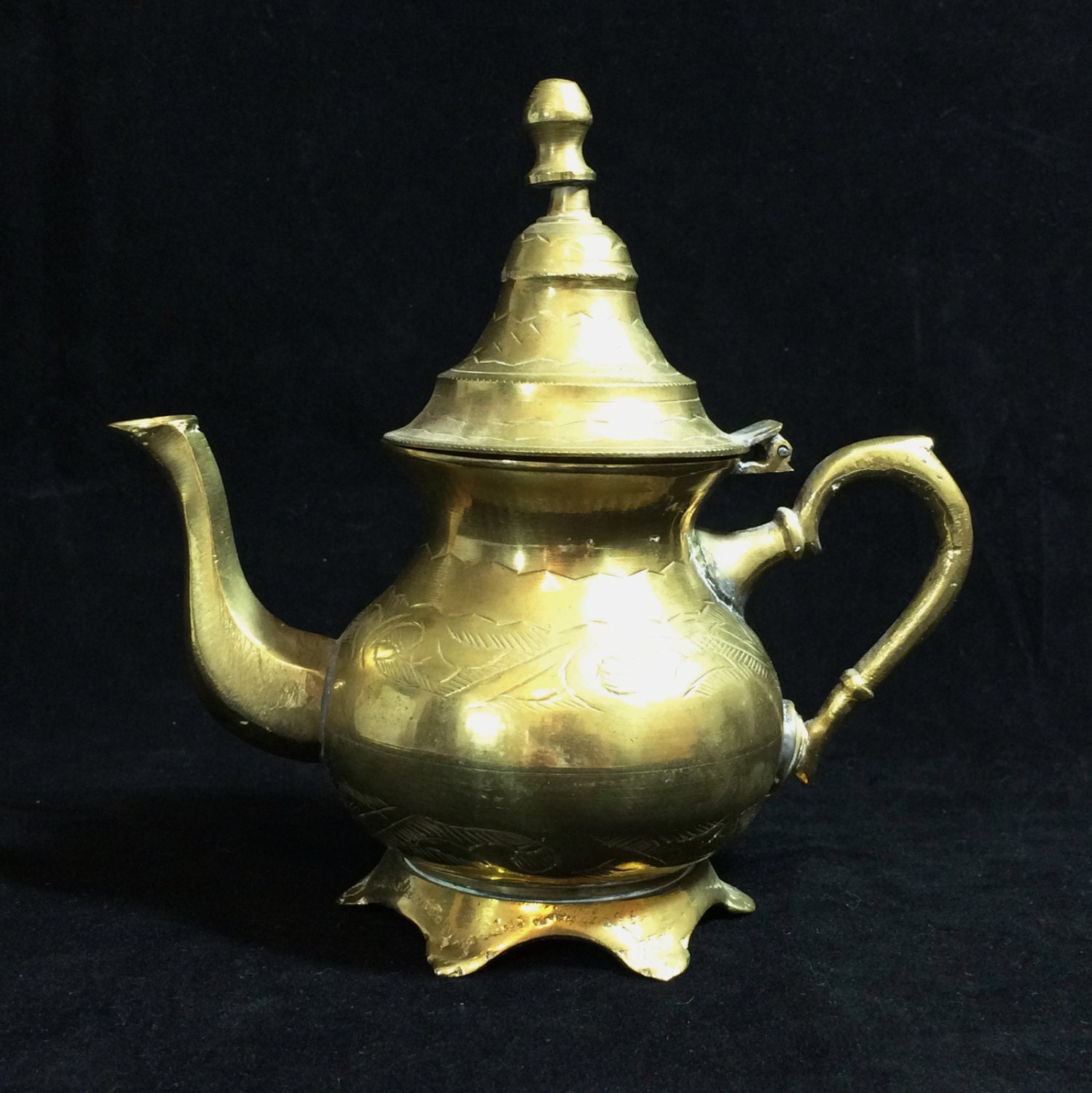 Small Vintage Brass Teapot with Engraved Design and Footed