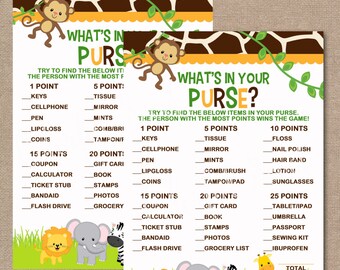 INSTANT DOWNLOAD, Jungle Baby Shower What's in Your Purse Game, Baby Shower Games, What's in Your Purse, Jungle, Safari, Boy, #0016